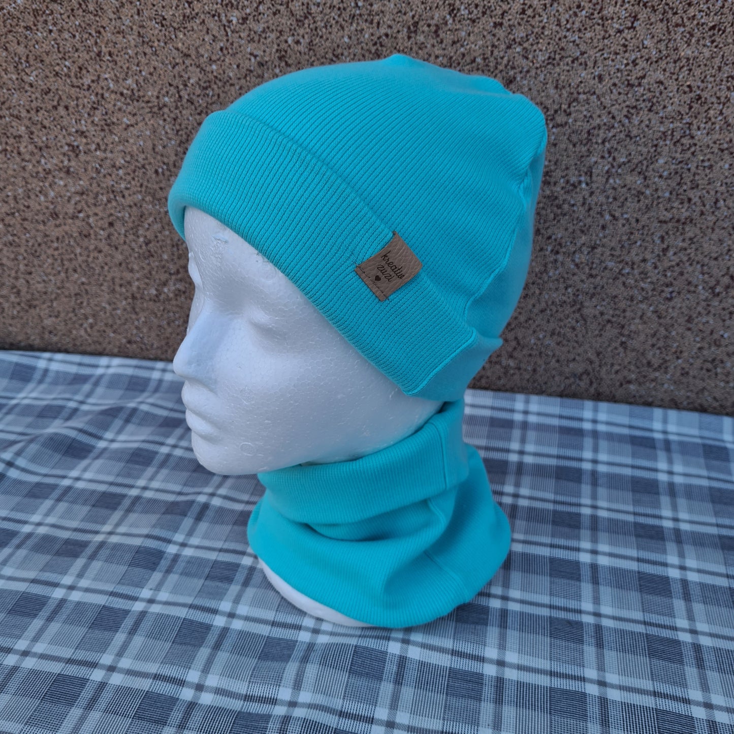 rebrovaný set, čiapka, nákrčník, tunel, farba mäta do modra